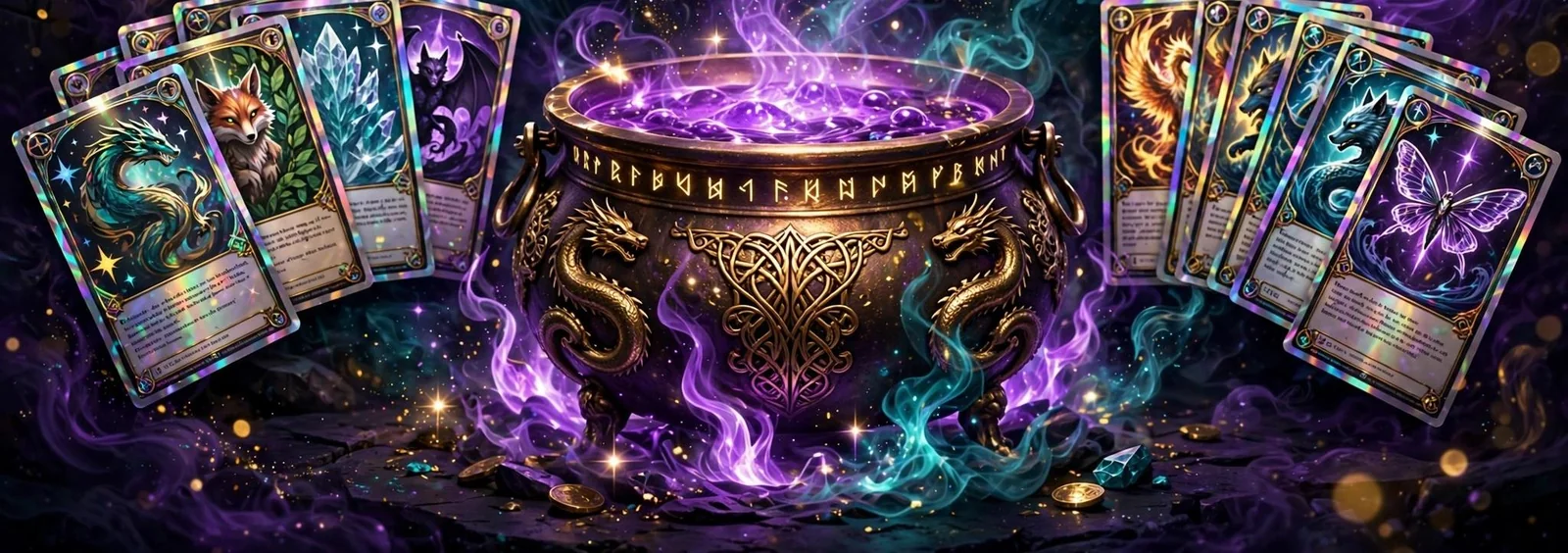 A bubbling golden cauldron flanked by fanned holographic trading cards — the Card Cauldron TCG shop art