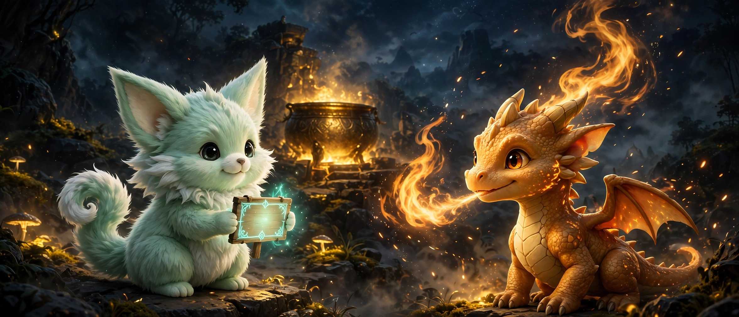 Original Mallow and Ember creatures by a golden cauldron